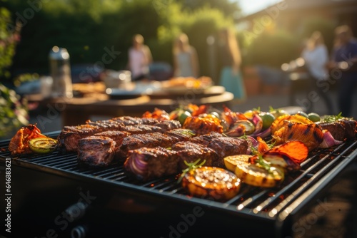 Grilling hot barbecue meat at a vibrant summer cookout in a yard party. Generated AI