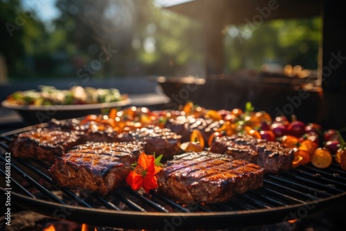 Mouthwatering barbecue grilling - juicy meat  charred veggies  vibrant flavors. Generated AI