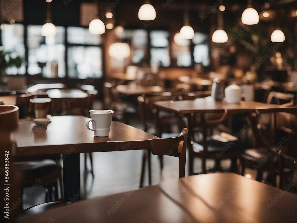 Coffee shop interior with rustic wooden counter and lights on blurred background