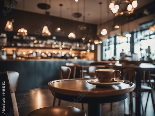 Coffee shop interior with rustic wooden counter and lights on blurred background