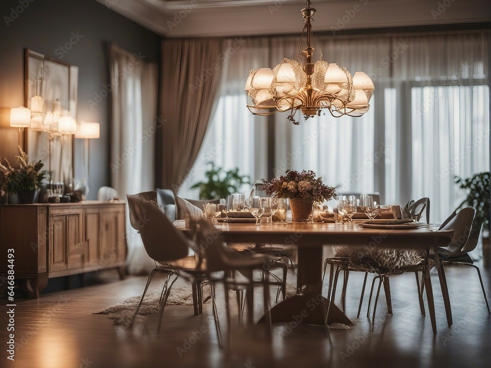 Modern dining room interior with chandeliers and lights