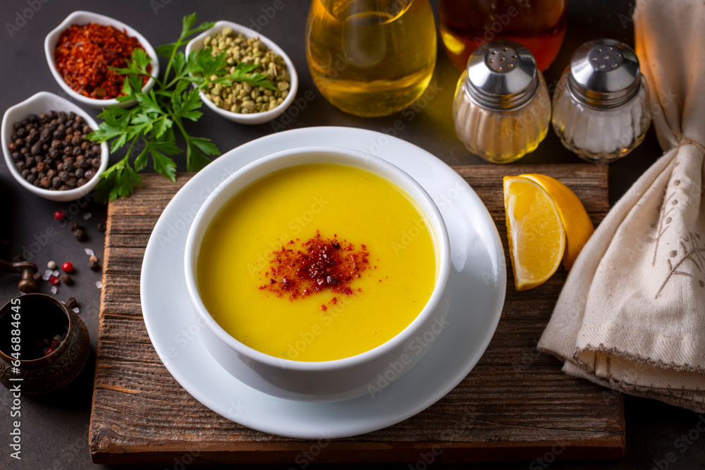 Traditional delicious Turkish foods; Red lentil soup (Turkish name; Mercimek corbasi) Traditional delicious Turkish foods; Red lentil soup (Turkish name; Mercimek corbasi)