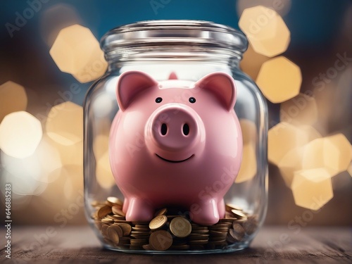 Pink piggy bank inside a glass jar with coins photo