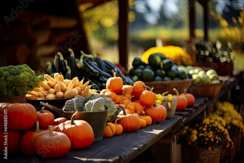 Urban farmer market, vendor stall filled with season vegetables. Healthy, organic food. Wholesome living feeling. Warm emotion of self-care. Home cooking. Squash, greens, pumpkins. No people