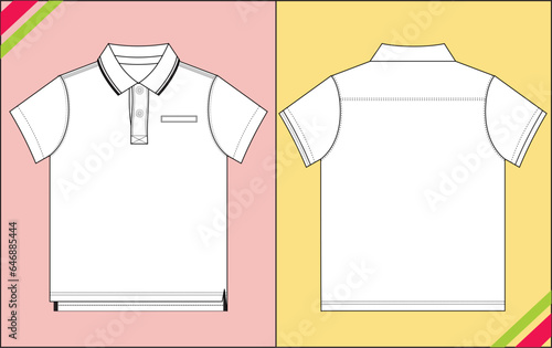 BOYS POLO T SHIRT, SHORT SLEEVE SKETCH FASHION TEMPLATE TECHNICAL DRAWING ILLUSTRATION