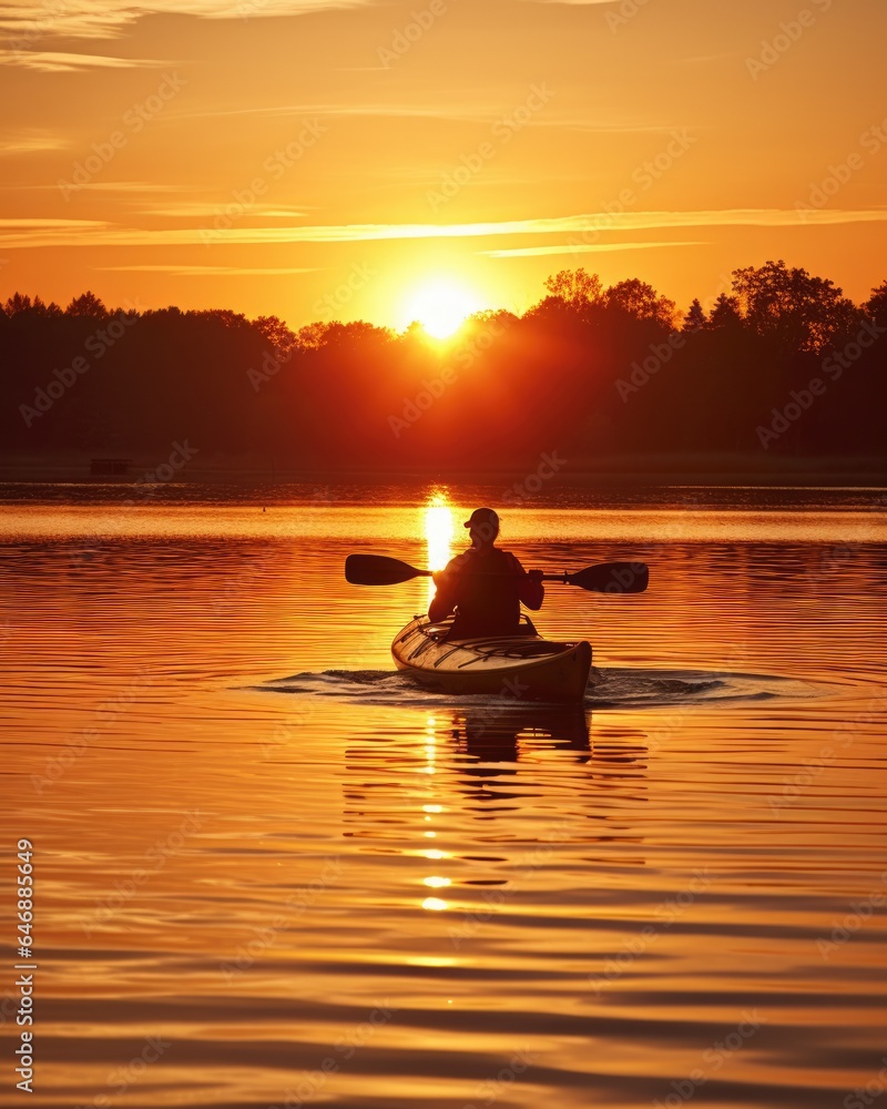 Sunset Kayaking Model kayaking on a tranquil lake - stock photography