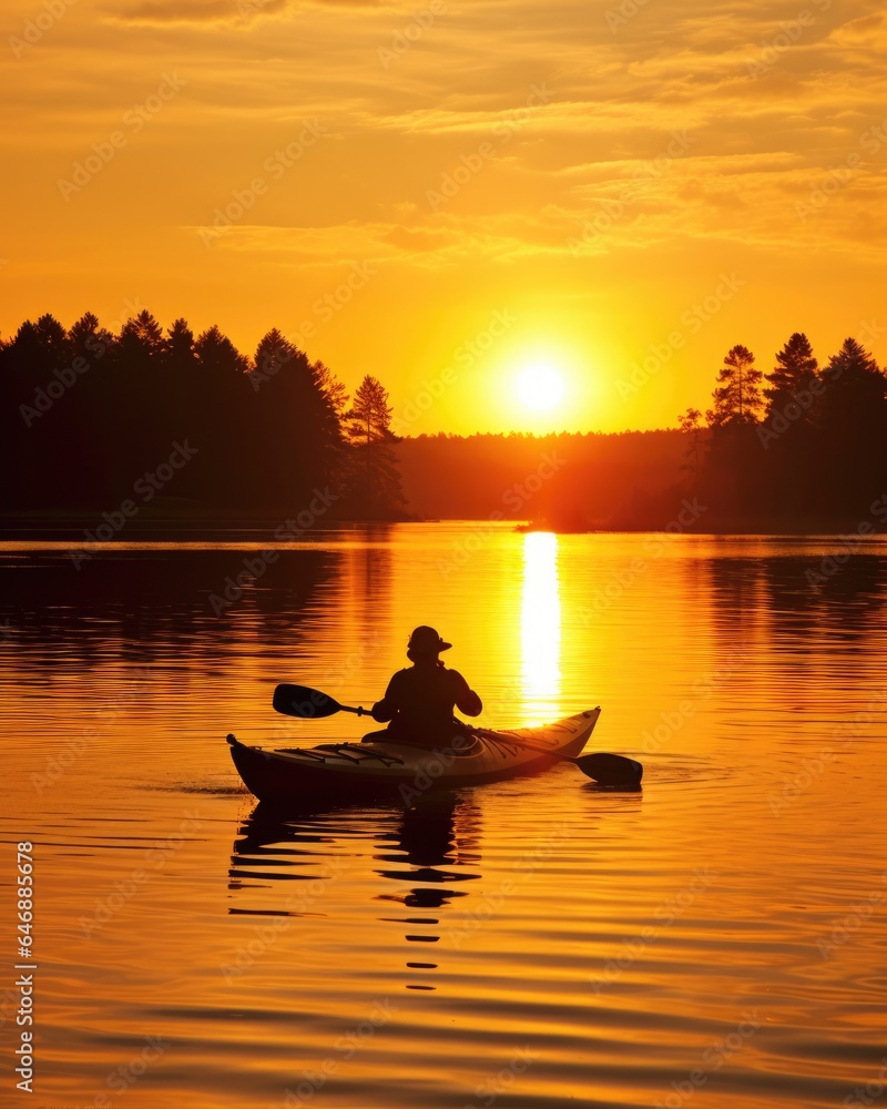 Sunset Kayaking Model kayaking on a tranquil lake - stock photography