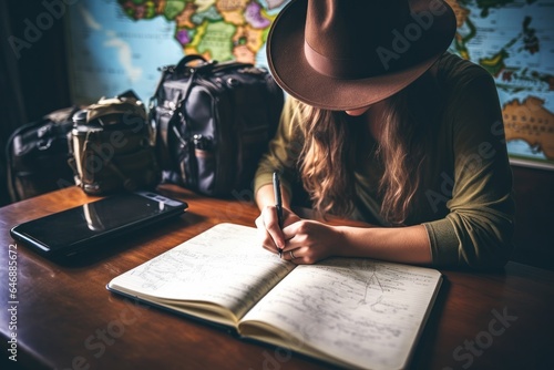 Travel Journaling Model writing in a travel journal - stock photography