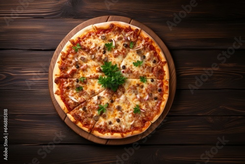 pizza with tomatoes, mushrooms and spinach on a dark wood table background.