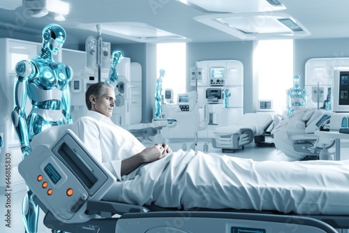 Patient lying in a hospital bed, surrounded by medical robots and equipment