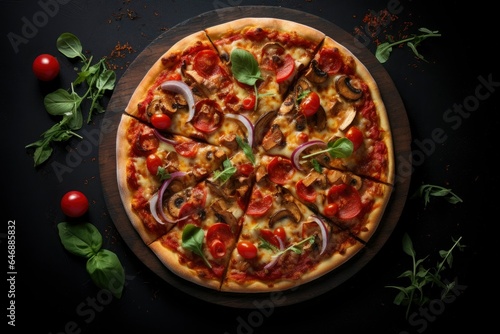 pizza with tomatoes, mushrooms and spinach on a dark wood table background.