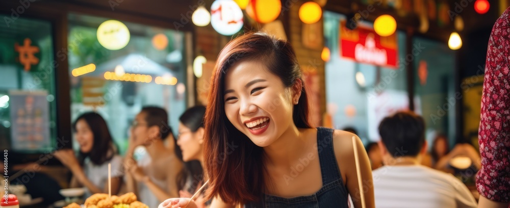 Local Cuisine Tasting Model trying local street food - stock photography