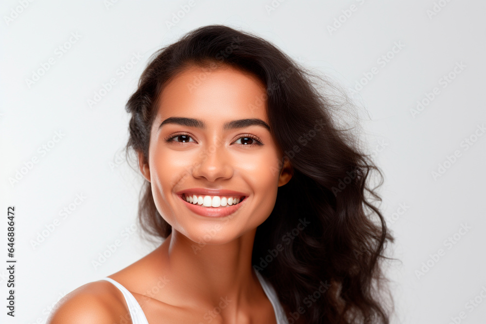 closeup of a beautiful young asian indian model smiling with clean teeth.ideal for dental ad advertising. isolated on white background closeup of a beautiful young asian indian model smiling with clean teeth.ideal for dental ad advertising. isolated on white background