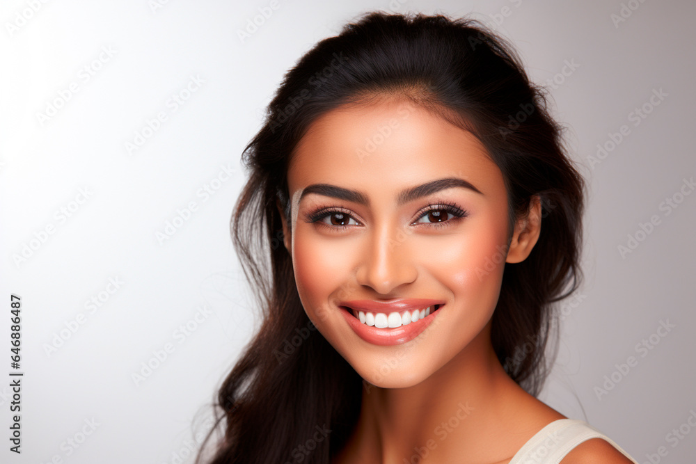 closeup of a beautiful young asian indian model smiling with clean teeth.ideal for dental ad advertising. isolated on white background closeup of a beautiful young asian indian model smiling with clean teeth.ideal for dental ad advertising. isolated on white background