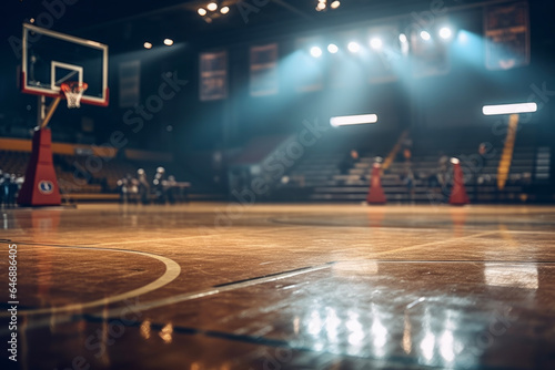 Basketball goal in a beautiful gymnasium illuminated by spotlights.