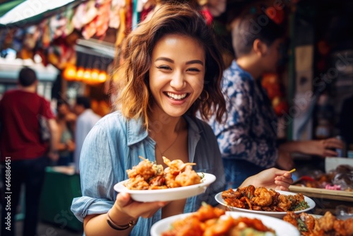 Local Cuisine Tasting Model trying local street food - stock photography