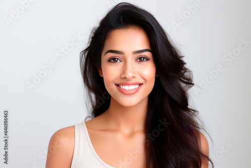 closeup of a beautiful young asian indian model smiling with clean teeth.ideal for dental ad advertising. isolated on white background