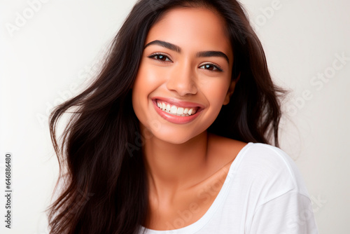 closeup of a beautiful young asian indian model smiling with clean teeth.ideal for dental ad advertising. isolated on white background