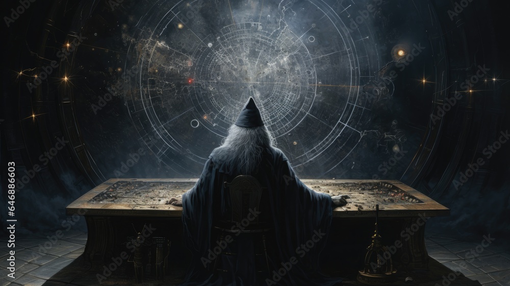 rear view of one astrologer in dark. Stargazer and Astrology. - obrazy, fototapety, plakaty 