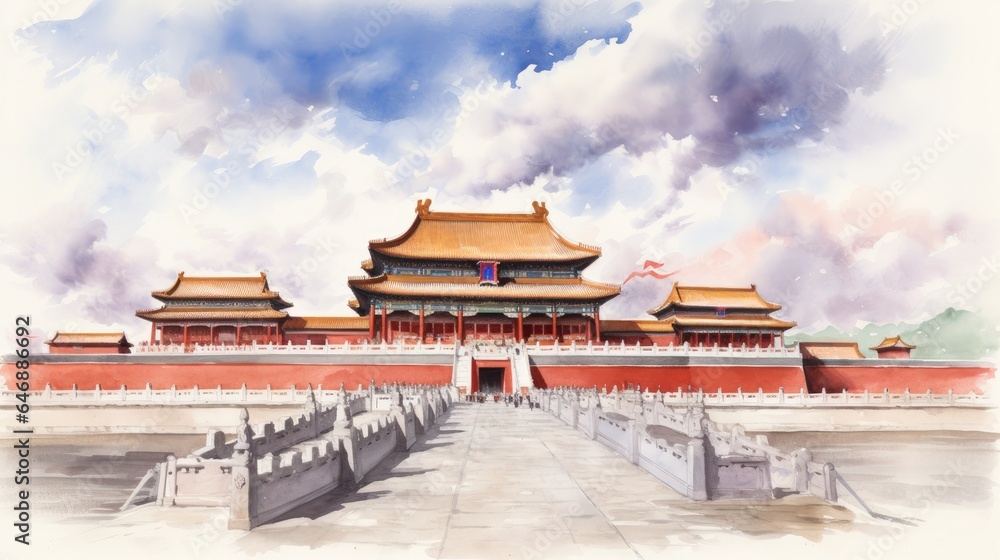 Obraz premium watercolor painting of the Forbidden City in Beijing, China