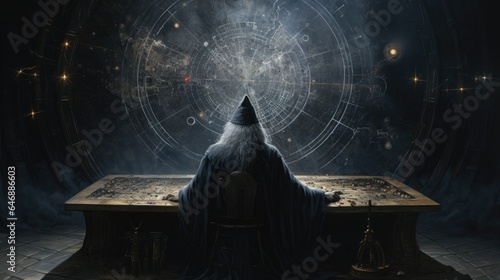 rear view of one astrologer in dark. Stargazer and Astrology. photo