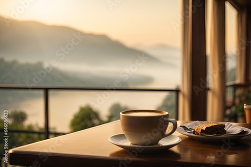 Morning Refreshment: Hot Java in a Wooden Cup with Mountain Sky View