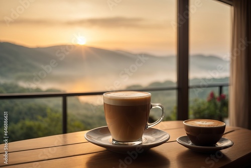 Morning Refreshment: Hot Java in a Wooden Cup with Mountain Sky View