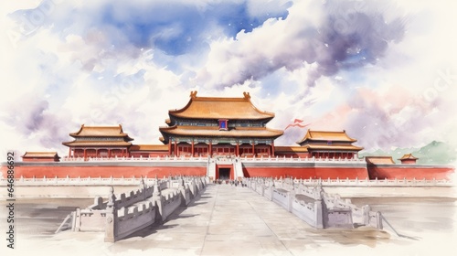 watercolor painting of the Forbidden City in Beijing, China
