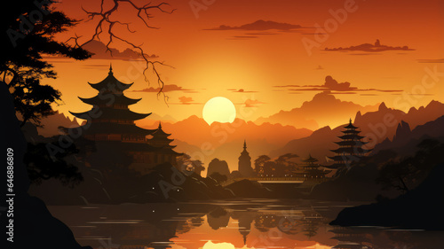vector art of Silhouette temple sunset background. telephoto lens realistic lighting generative ai