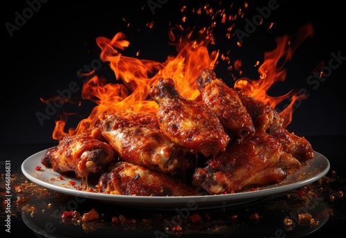 Buffalo chicken wings with hot sauce topping and fire fire on a plate isolated in black background