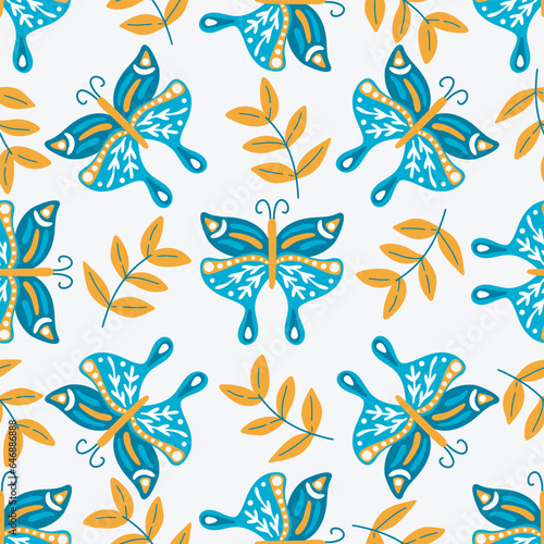 Beautiful continuous background with butterflies and leaves. Seamless pattern with moths and foliage. Natural print with butterfly for textile, wallpaper, paper and design, vector illustration