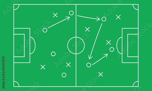 Greenboard with football game strategy. Diagram with arrows and players on board. Sport concept. Vector illustration