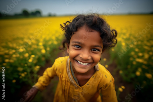 Radiant Smile Amidst Golden Blooms: Close-up of a Smiling Indian Child in a Mustard Field