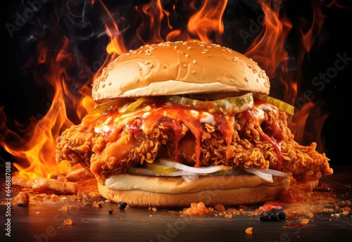 Spicy Fried Chicken Sandwich with hot chili peppers on fire isolated on black background