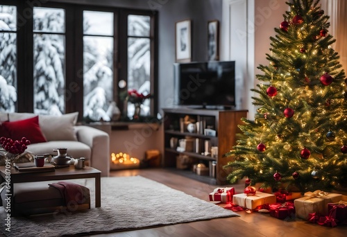 AI generated illustration of a festive Christmas tree in the corner of a cozy living room © Willem Van Zyl/Wirestock Creators