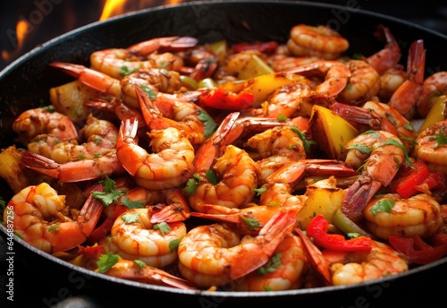 Crawfish boils. Louisiana, New Orleans Crawfish Boil. Spicy shrimp boil. Shrimp, lobster, seafood, sausage, on the pan.