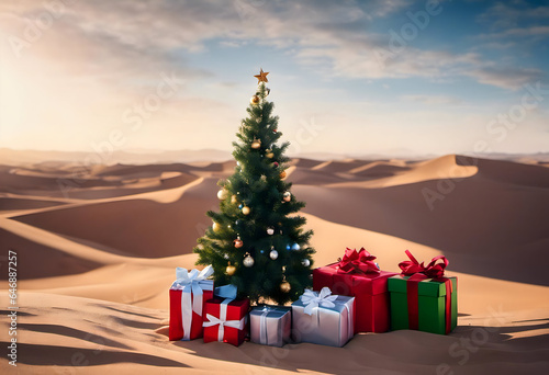 AI generated illustration of a festive holiday scene a Christmas tree with gifts in the sand dunes