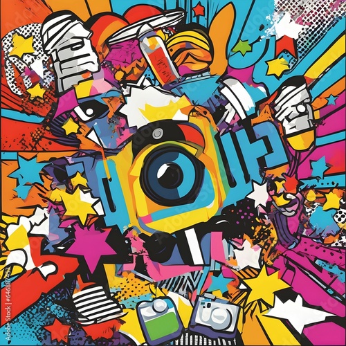 an artistic poster that shows a photograph of a camera in front of colorful images photo