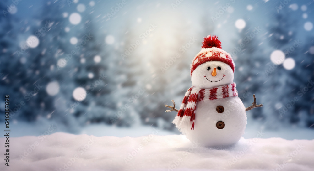 Decoration with Christmas snow man in snow winter scene