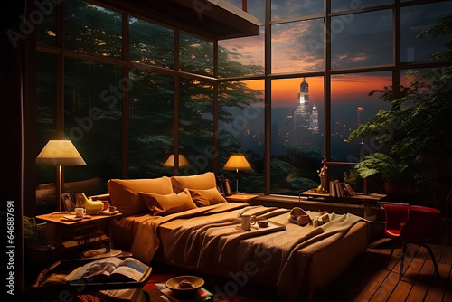Room interior in sunset, view to sunset, bed, messy bed, AI GENERATED © Asurian