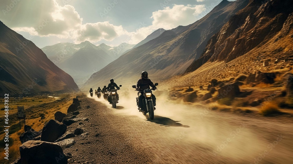 AI generated illustration of motorcyclists riding on a winding dirt road AI generated illustration of motorcyclists riding on a winding dirt road