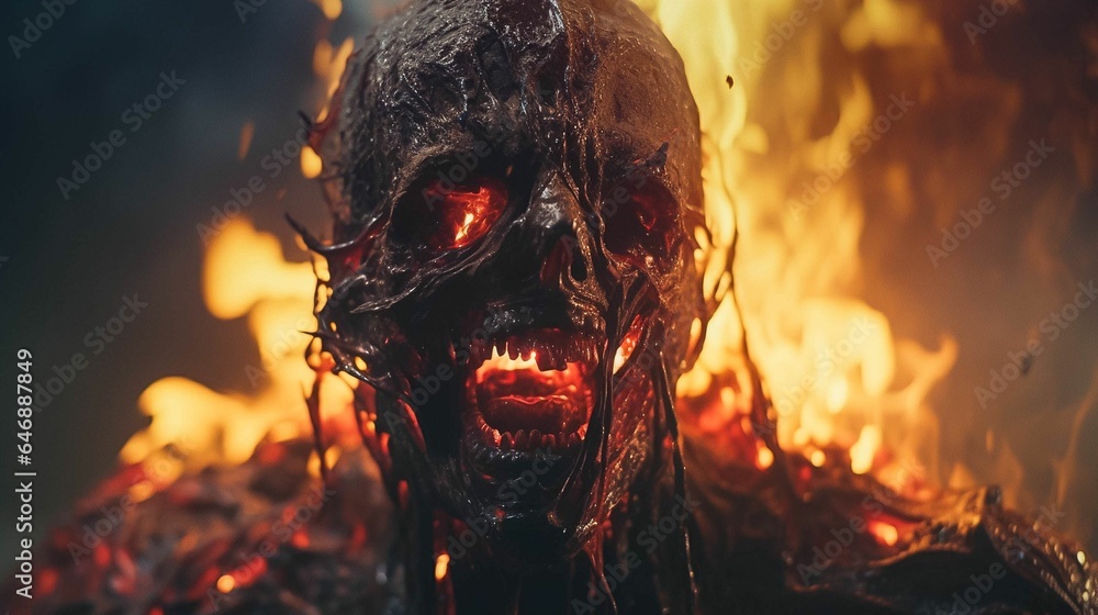 AI generated illustration of a burning zombie on the backdrop of orange flames AI generated illustration of a burning zombie on the backdrop of orange flames