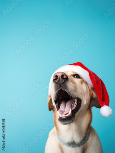Happy Labrador Retriever in Santa Claus hat sits on a blue background.