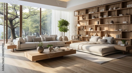 AI generated illustration of This modern living room with a white coach under the natural light