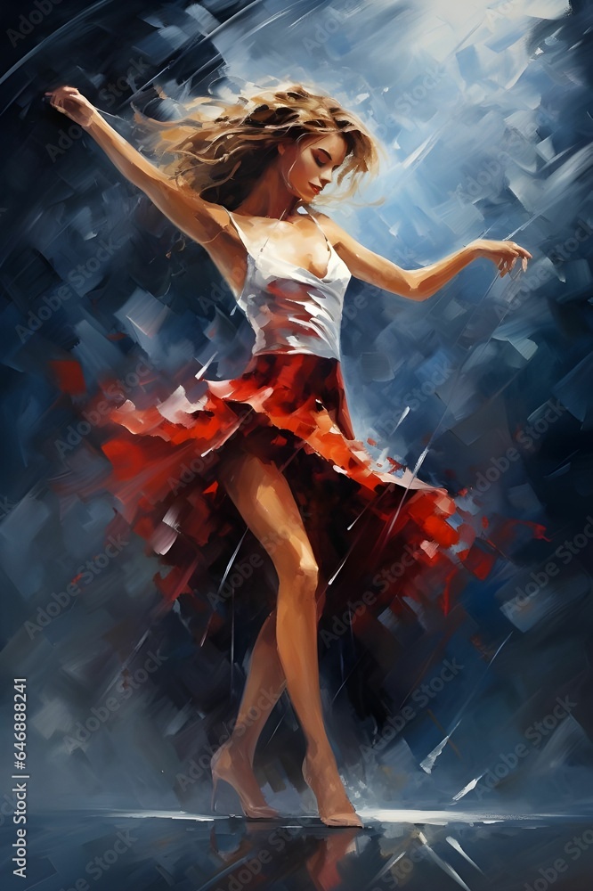 AI generated illustration of a colorful painting of a woman in a flowing dress, dancing in the rain