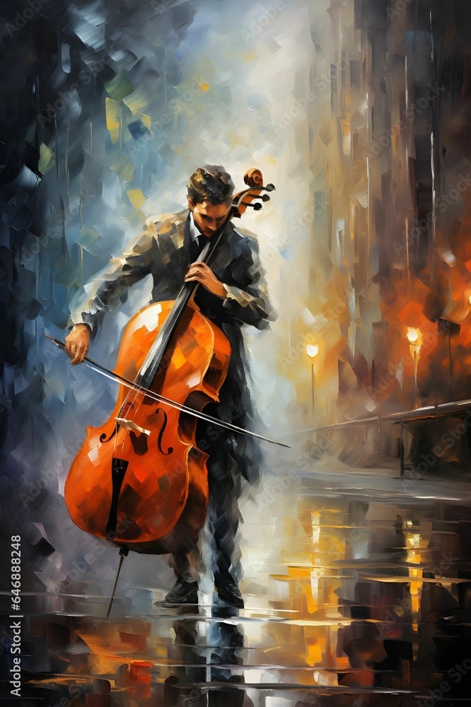 AI generated illustration of an oil painting of a musician playing the cello in a public street