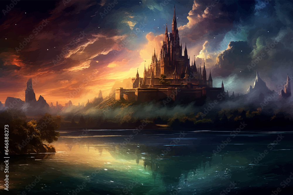 Castle, bridge and river under the full moon. Princess Castle on the cliff. Fairy tale castle in the mountains. Fantasy Night landscape. Castle on the hill. Fairy city. Kingdom. Magic tower. Art