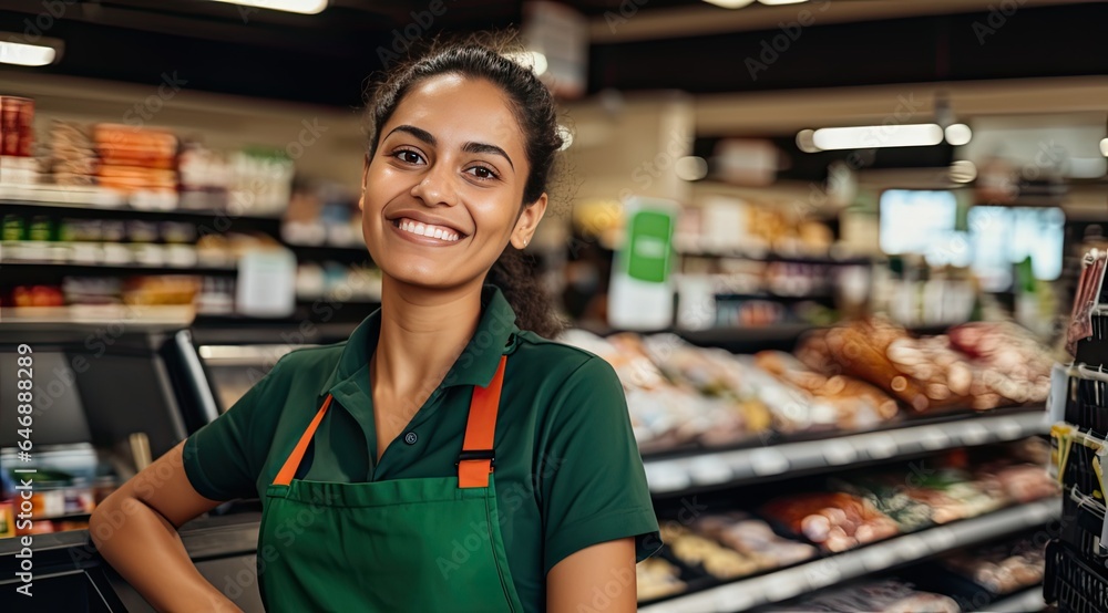 18-Year-Old Smiling Latino Woman Working in Modern German Supermarket 18-Year-Old Smiling Latino Woman Working in Modern German Supermarket
