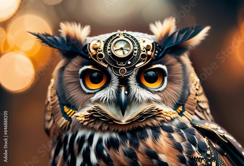 AI generated illustration of a close-up of a beautiful owl wearing an intricately designed clock hat