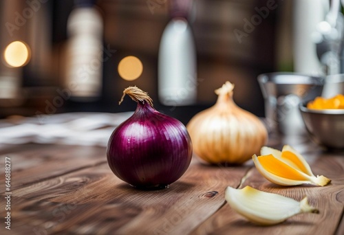 AI generated illustration of onions on a wooden table in the kitchen